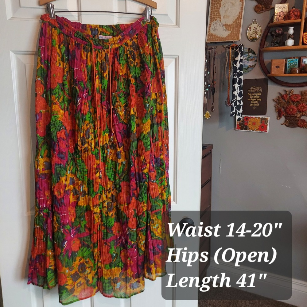 Baani's Womens Large Floral Cotton Crinkle Maxi Skirt Boho Beaded Tassel India - Picture 2 of 5